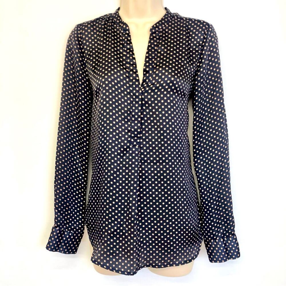 The Limited Navy Light Pink White Polka Long Sleeve Popover Blouse